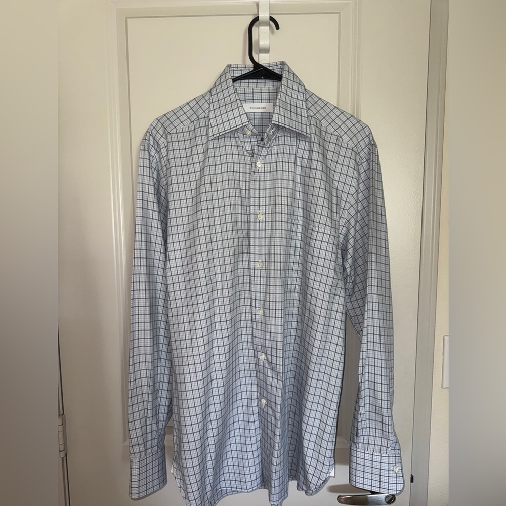Ermenegildo Zegna Portofino Mens Plaid Button-Up Dress Shirt Euro Size 39 15 1/2